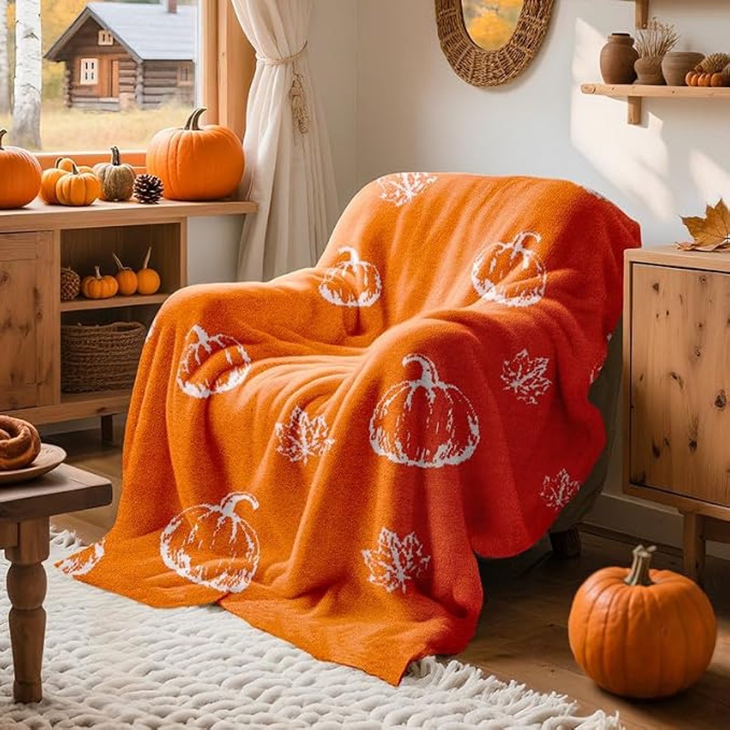 KZQ Oranje Geruite Herfstdeken 130x150 Cm Met Pompoenmotief - Zachte Dubbelzijdige Plaid Voor Bank, Stoel En Bed, Ideaal Als Cadeau En Decoratie Veelkleurig