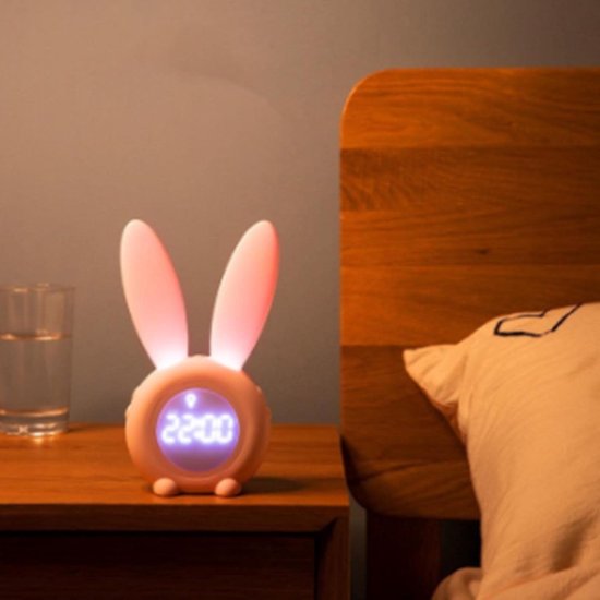 Slaaptrainer voor kinderen - Kinderwekker - Slimme, automatisch aanpasbare ademhalingslamp - Spraakbediening of trilling - Weergave van tijd/datum/temperatuur - Roze konijn — afbeelding 3