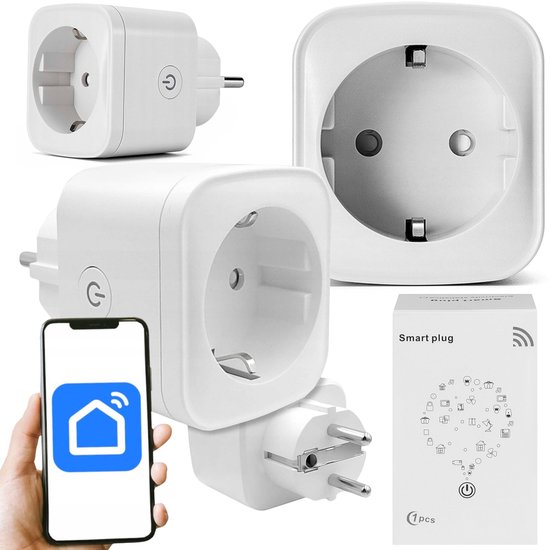 Witte slimme stekker met stroomschakelaar, getoond in hand met smartphone en de Smart Life-app, inclusief doos.