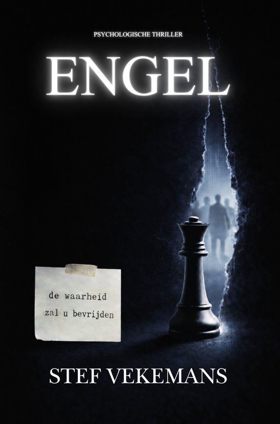 Boekomslag 'Engel' door Stef Vekemans: zwarte achtergrond met schaakstuk, briefje met 'de waarheid zal u bevrijden' en silhouet.