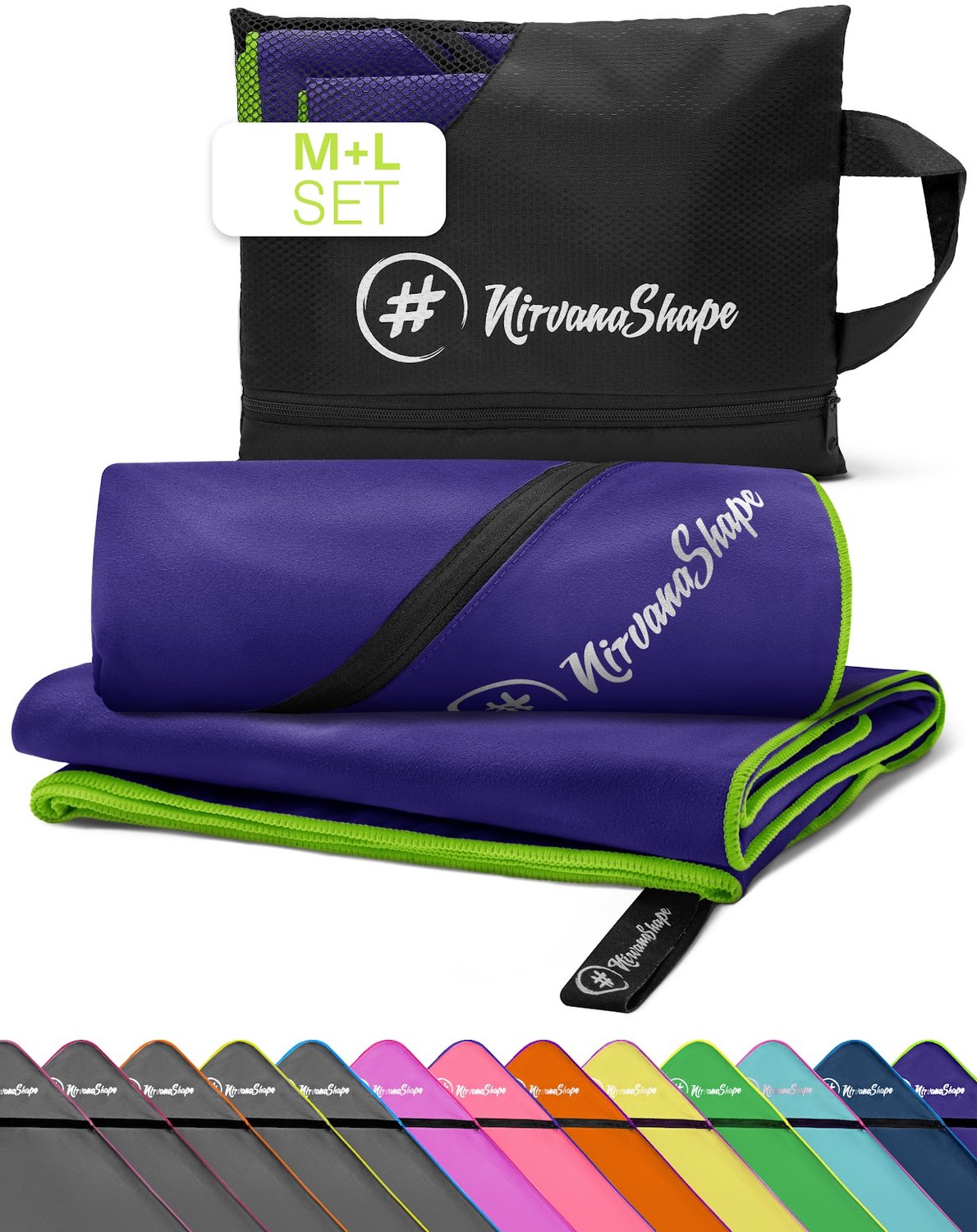 NirvanaShape - microvezel handdoek - strandlaken en badlaken - sneldrogend en absorberend - sporthanddoek met slimme hoekzak - set van 2: 140 x 70 cm + 120 x 60 cm - Paars / Groene Rand