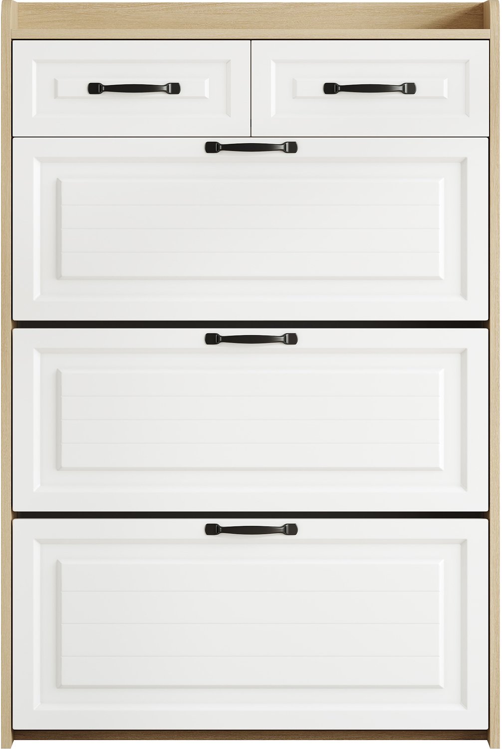 SONNENH Schoenenkast met 3 kleppen, 2 laden en metalen grepen - Wit en naturel - 80 x 23,5 x 131 cm