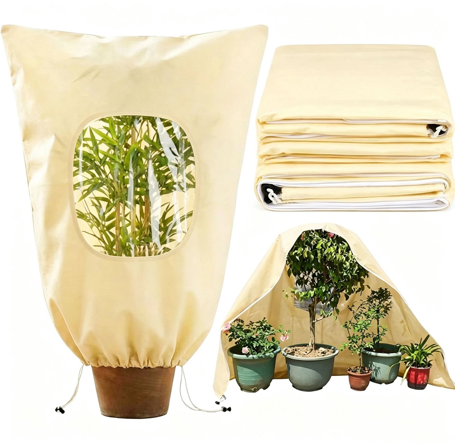 Plantenhoes winterbescherming - 4 Stuks - Vorstbescherming met Kijkvenster - Plantenbeschermhoes met Rits en Trekkoord - Winterhoes voor Buitenplanten en Bomen - Herbruikbaar - 80x100 cm - Beige