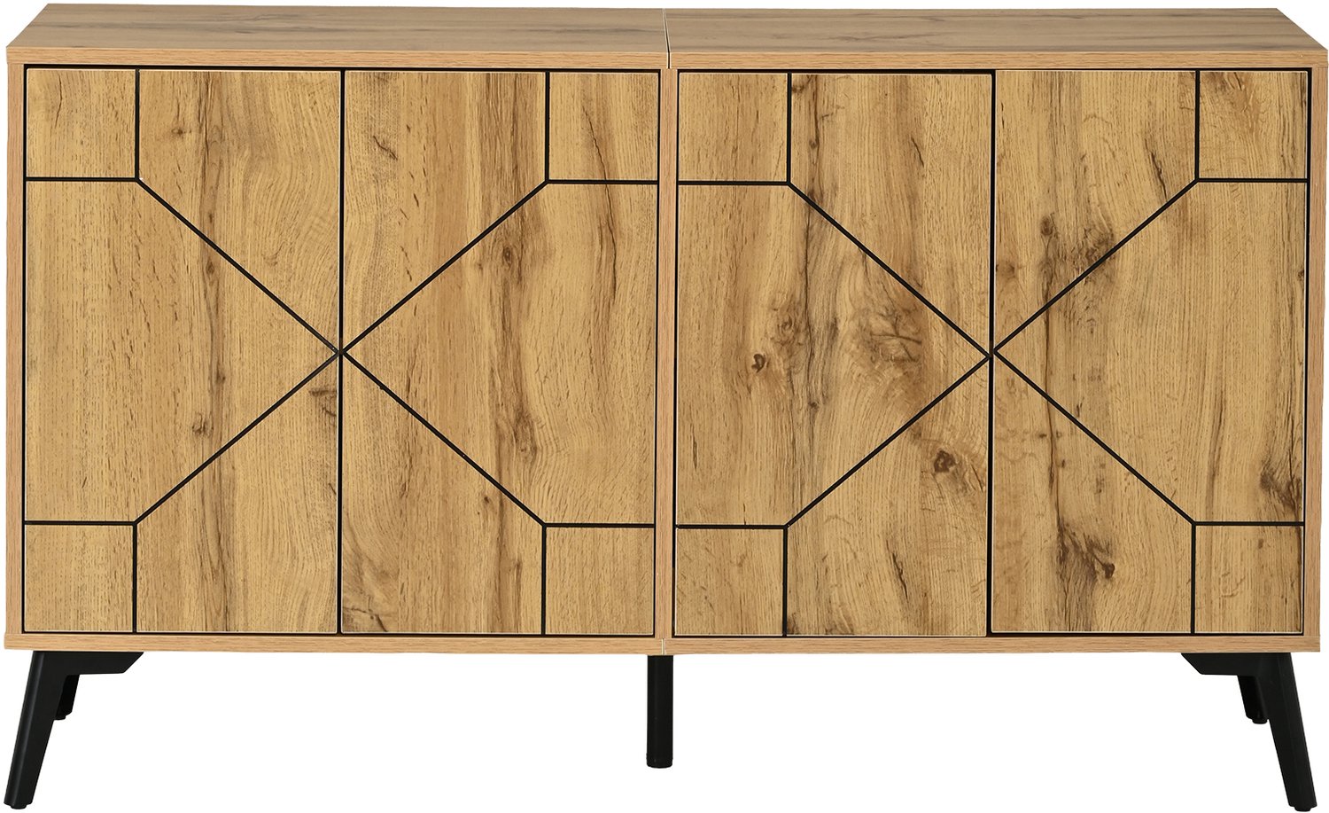 SONNENH Dressoir - Natuurlijke houtlook met zwarte geometrische lijnen - 4 druk-opendeuren - 120 x 35 x 69 cm