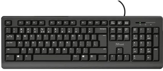 Zwart bedraad Trust-toetsenbord met QWERTY-indeling en numeriek toetsenblok.