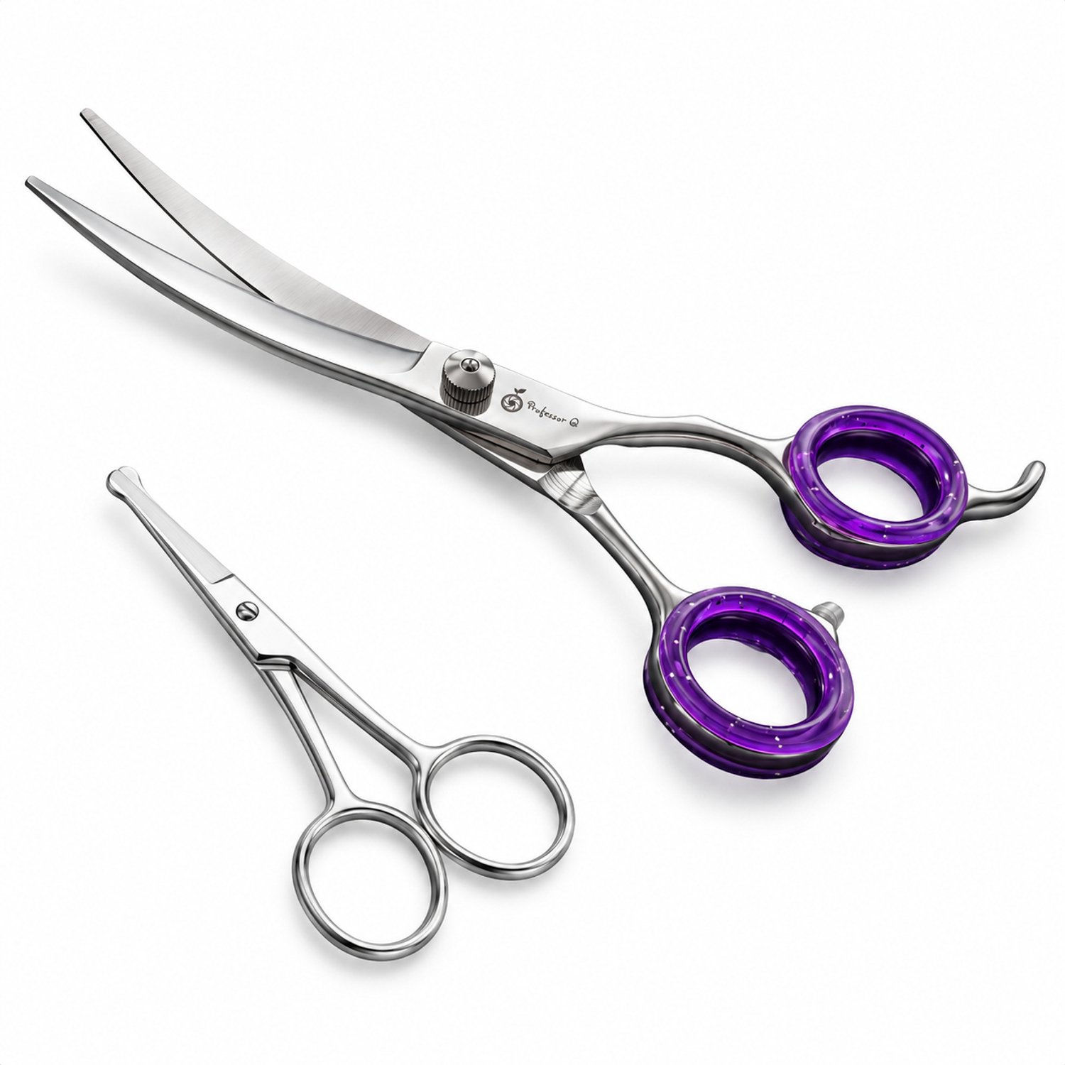 Professor Q Hondentrimset - Omhoog Gebogen Trimschaar 7,5 inch Paars - Potenschaar Zilver - 2-delig