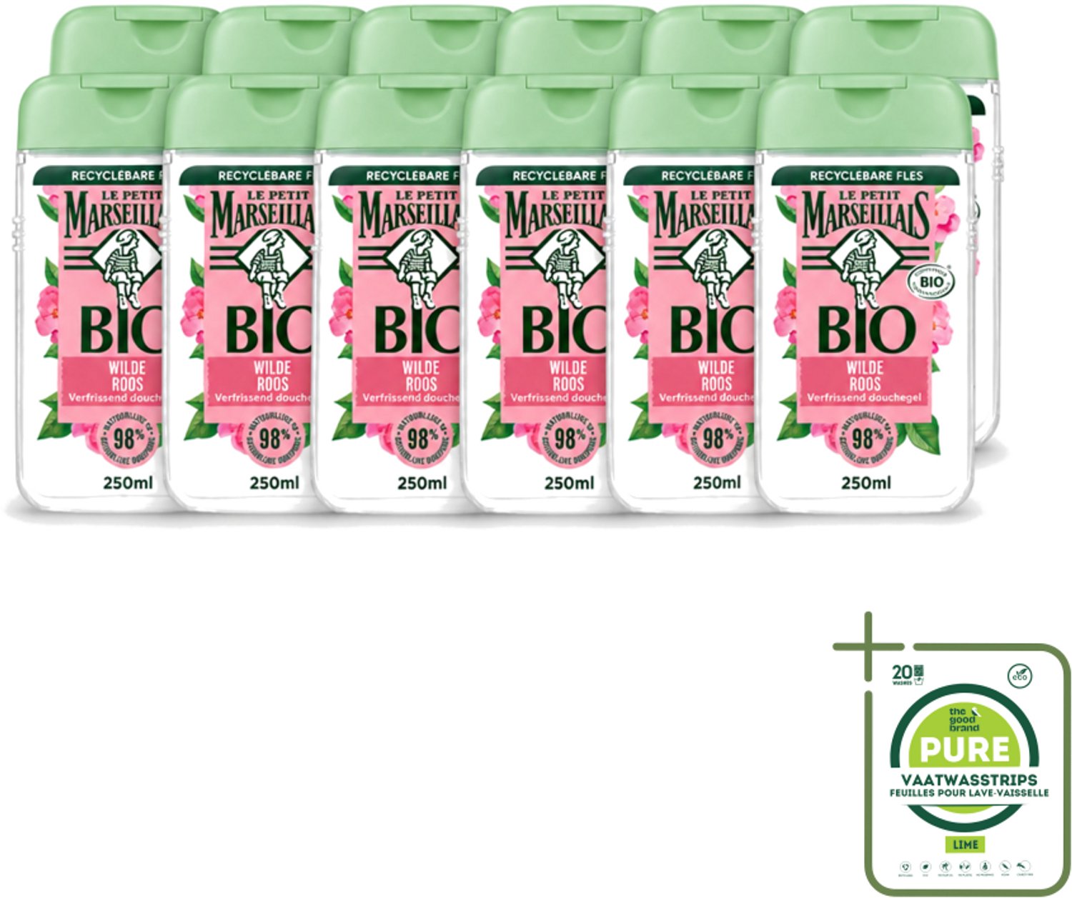 12 x Le Petit Marseillais – Douchegel – Bio Wilde Roos – Verfrissend – 250 ml - Grootverpakking - Vaatwasstrips - Douchegel - Bio Rozenbottel - Frisse Douchegel - Natuurlijke Douchegel - Zachte Reiniging