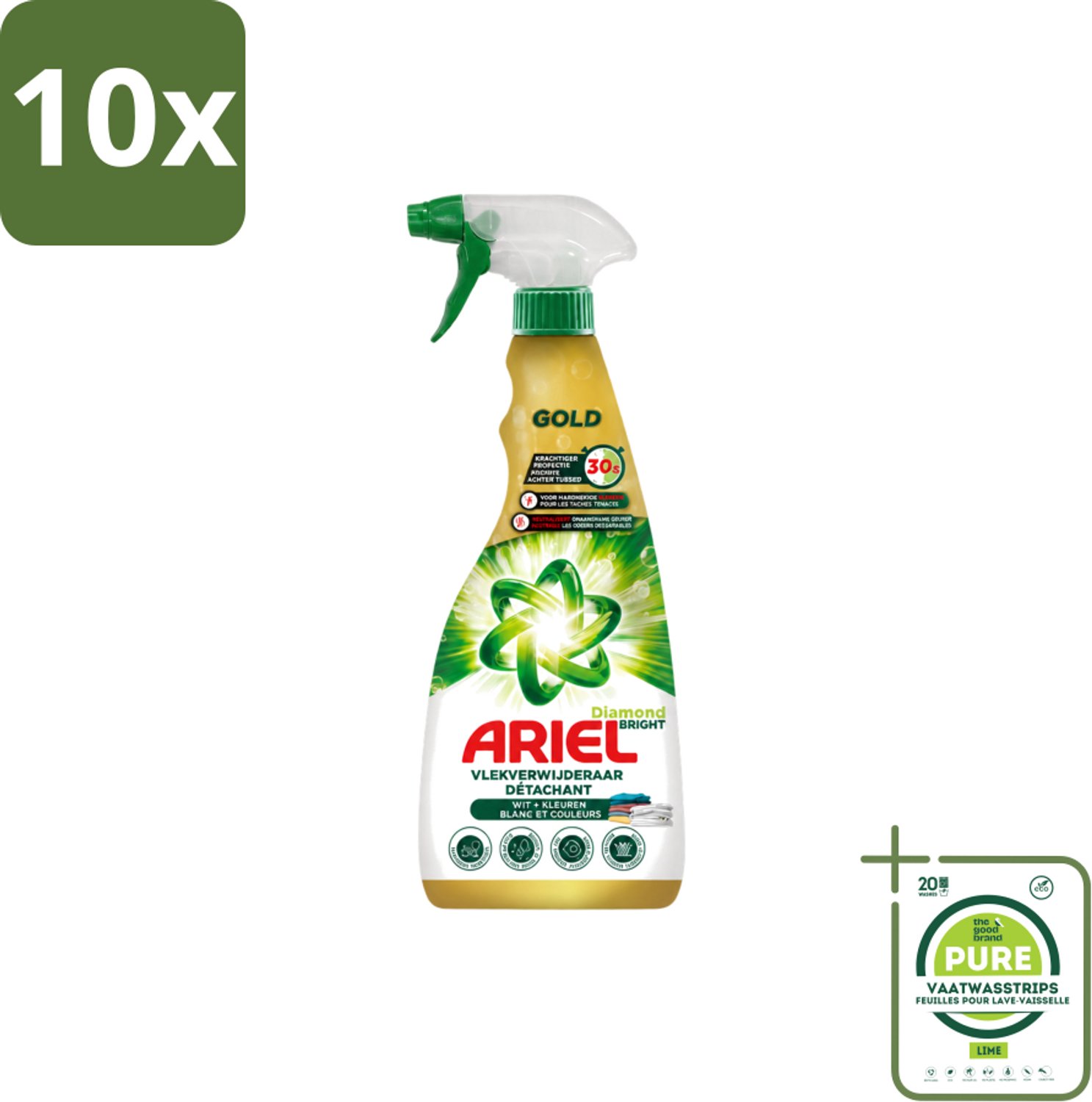 10 x Ariel - Vlekkenverwijderaar - Gold Spray - 750 ml - Grootverpakking - Vaatwasstrips - Vlekken Verwijderen - Snel Wasmiddel - Vlekken Op Witte Kleding - Vlekken Op Gekleurde Kleding - Vlekken Op Sportkleding