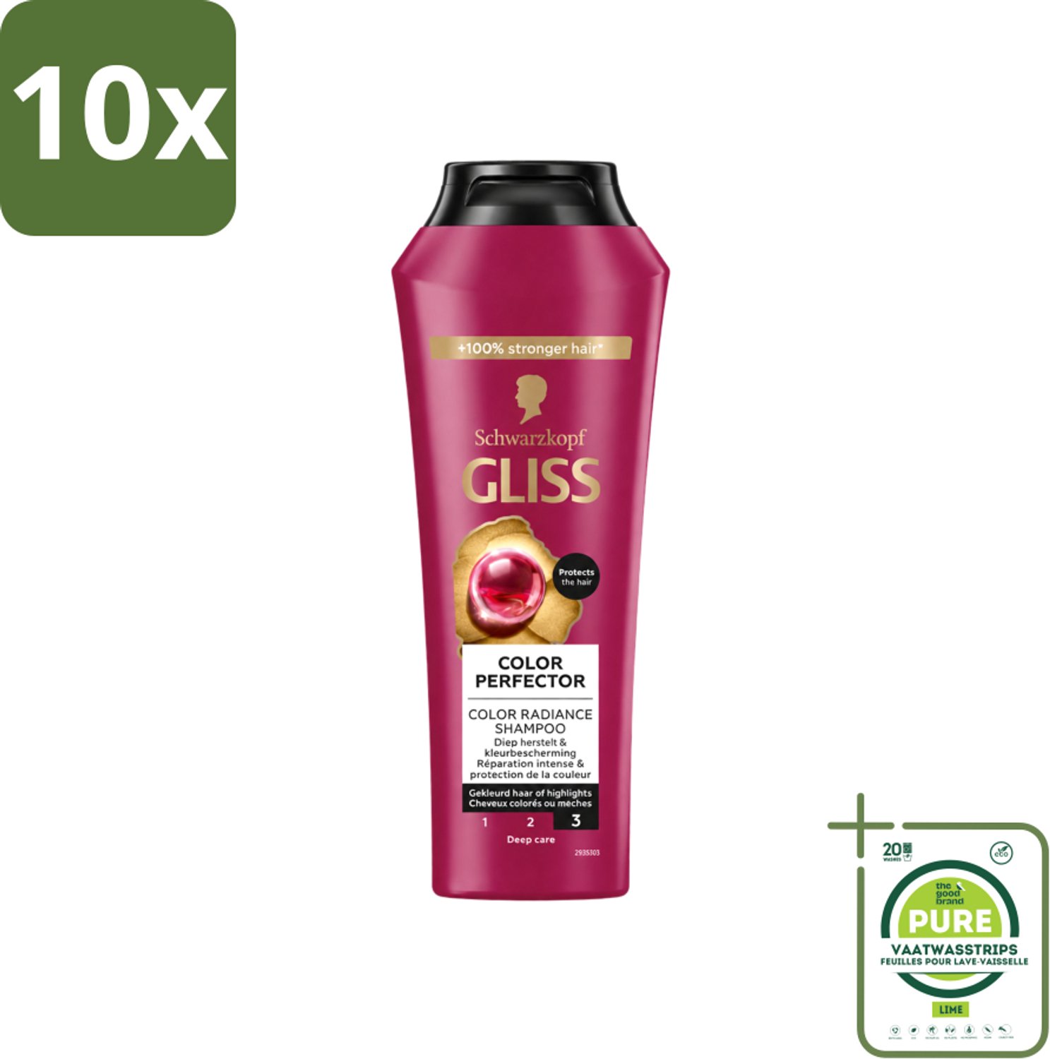 10 x Gliss - Shampoo - Color Protect & Shine - Voor Langdurige Kleurbehoud - 250 ml - Grootverpakking - Vaatwasstrips - Kleurbehoud - Glans - Haarverzorging - Kleurbescherming - Haarherstel