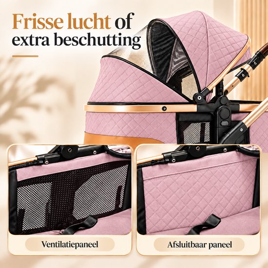 Lunola Elin Kinderwagen 3 in 1 - Buggy met Autostoel - Wandelwagen - Premium Uitvoering - Inclusief Accessoires - Roze — afbeelding 4