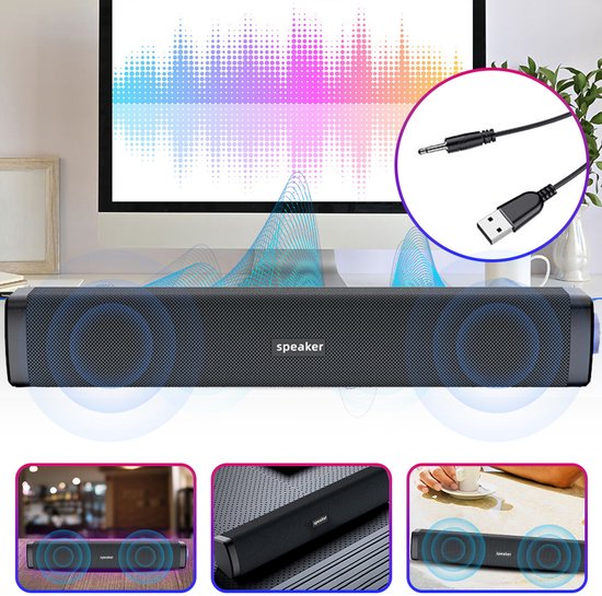 Computerluidsprekers - Stereo soundbar voor desktopcomputers - USB oplaadbaar - Met subwoofer - 6 watt - Geen Bluetooth - Zwart — afbeelding 5