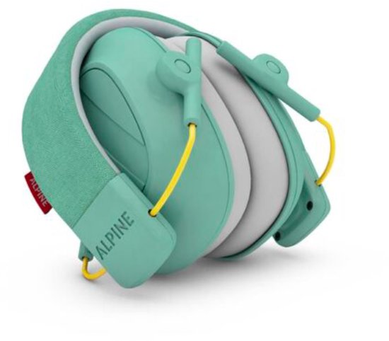 Opvouwbare Alpine gehoorbescherming voor kinderen in mintgroen met witte kussens en gele accenten.