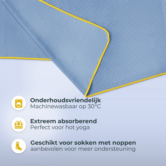 NIRVANASHAPE - Yogahanddoek als yogamat handdoek - antislip noppen - absorberende microvezel - hygiënisch en wasbaar op 40 graden - 185 x 63 cm - lichtblauw/geel — afbeelding 3