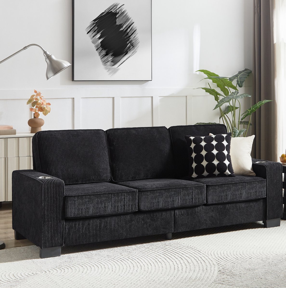 REDOM - Bank - 3-zits sofa met geïntegreerde bekerhouders in de armleuningen - Corduroy bekleding - Moderne stijl - Woonkamer, slaapkamer en kantoor - Stof - Zwart - 206 x 72 x 86 cm