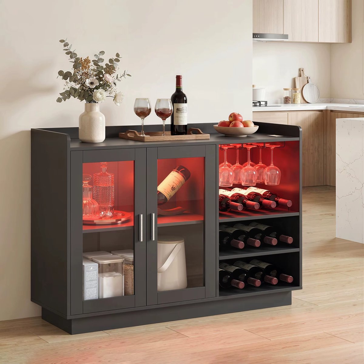 CreateEcom bar - buffetkast - flessenrek - Bar-meubel met RGB LED-verlichting - flessenrek voor 12 flessen - buffetkast voor wijn voor eetkamer, woonkamer - 120x38x88 cm - zwart