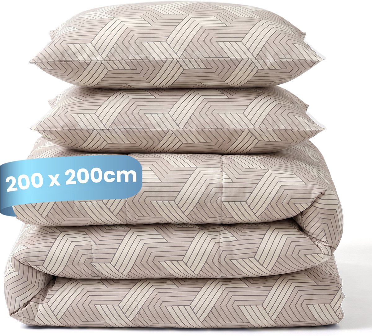 Slaapspeciaal Essential Print Geo Taupe - Dekbed zonder Overtrek - Wasbaar Dekbed - Hoesloos Dekbed - All Year Dekbed - 2 in 1 Dekbed - Incl. 2 Kussenslopen - 200x200 cm