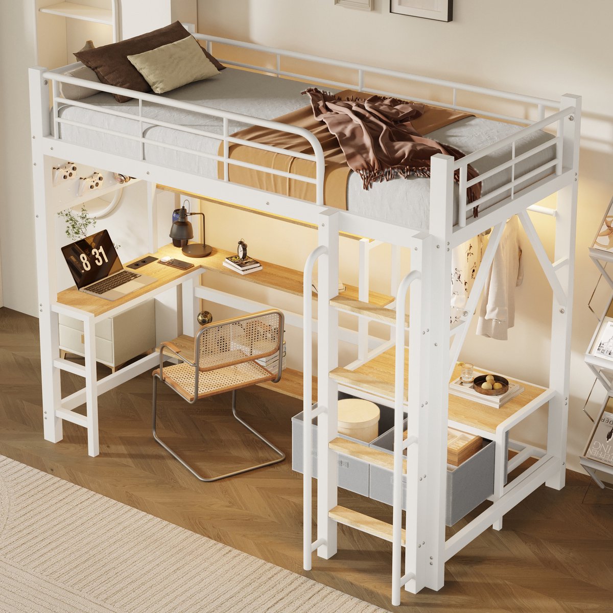 REDOM - Hoogslaper - Met bureau en opbergruimte - Met LED-verlichting en USB-aansluiting - Met uitvalbeveiliging - Kinderkamer - Metaal en MDF - Wit - 90 x 200 cm