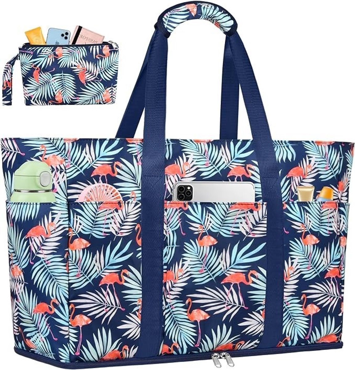 PolkaHome Grote strandtas 45L met ritssluiting en tropisch flamingo patroon
