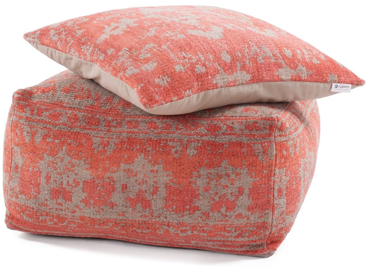 Padiro poef met zitkussen 80 x 80 x 40 cm - rood en taupe - stoffen bekleding - handgemaakt met vintagepatroon