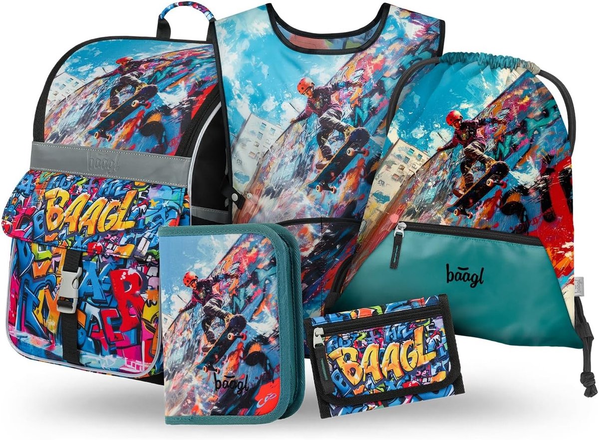 Schooltas jongen bassischool - Schooltas jongen basisschool - Skate Park - 28 x 37 x 17 cm - Ergonomische 18L rugzak set met etui, gymtas, schort en n