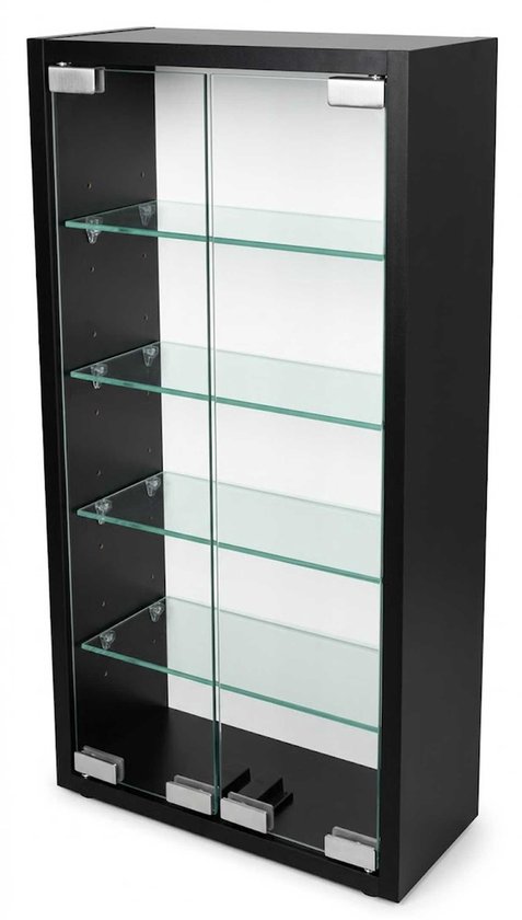 Zwarte vitrinekast met glazen deuren en 5 glazen legplanken, schuin van voren gefotografeerd.