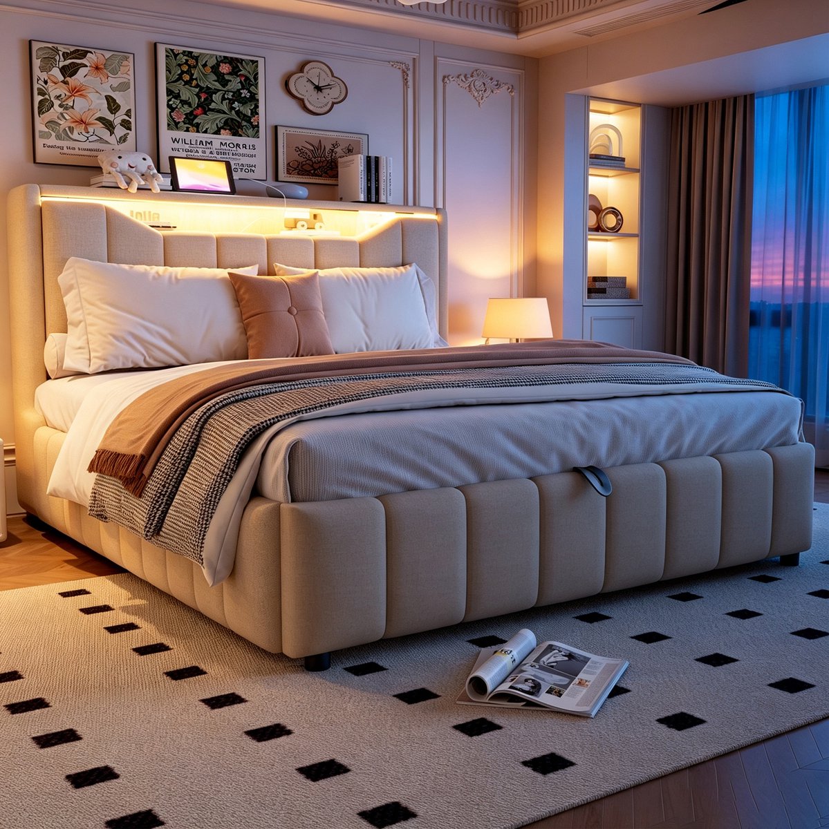 FloraGrace Bed 140x200 cm - Hydraulisch Opbergbed Met LED, USB en USB-C - Gestoffeerd Tweepersoonsbed Zonder Matras - Stof - Beige