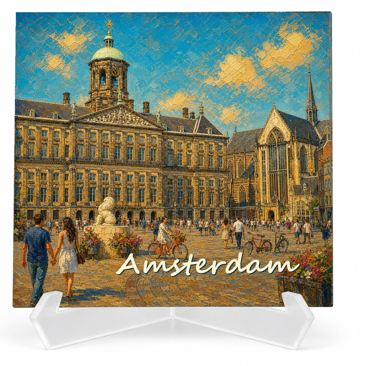 Kleurmedia Tegeltje Amsterdam – Dam Paleis Nieuwe Kerk – Keramiek 15 x 15 cm – Inclusief transparante houder – Souvenir