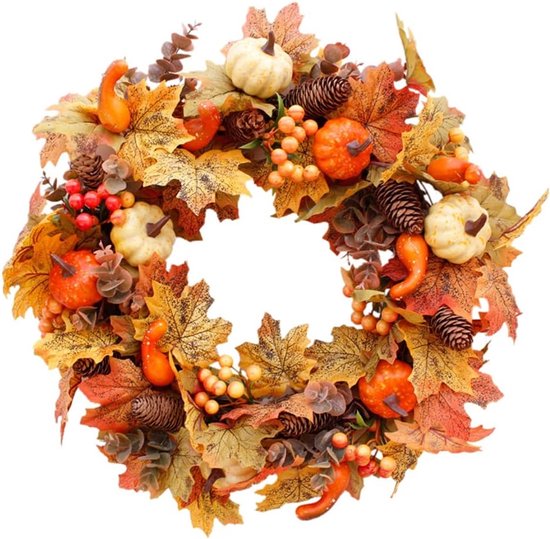 Herfstkrans, decoratie voor Thanksgiving en Halloween, kunstmatige boerderijkrans versierd met pompoenen, bessen, esdoornbladeren en dennenappels, geschikt voor binnen en buiten, 55 cm / 21,6 inch.