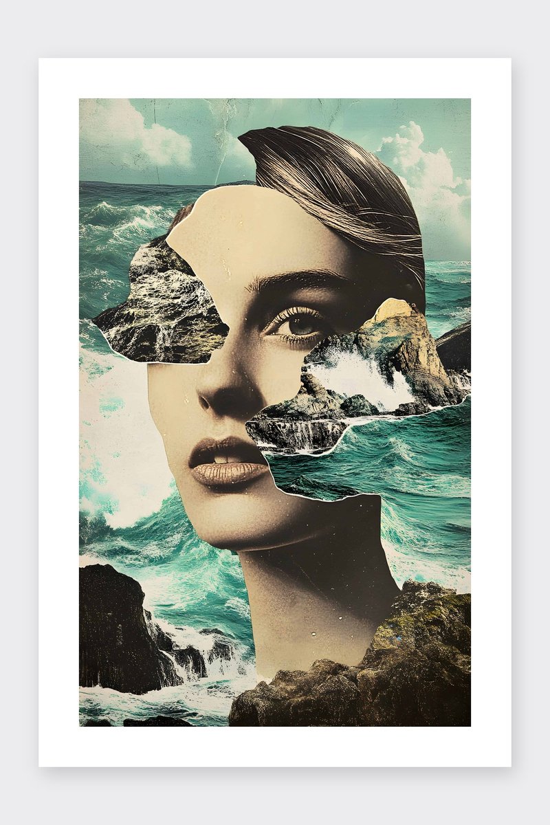 Collage Poster - Vrouw - Zee - Natuur - Artistieke - Kunst - Landschap - posters - formaat 30x40cm - Wanddecoratie - BXS4227MT - Met kader - passe-partouts stijl