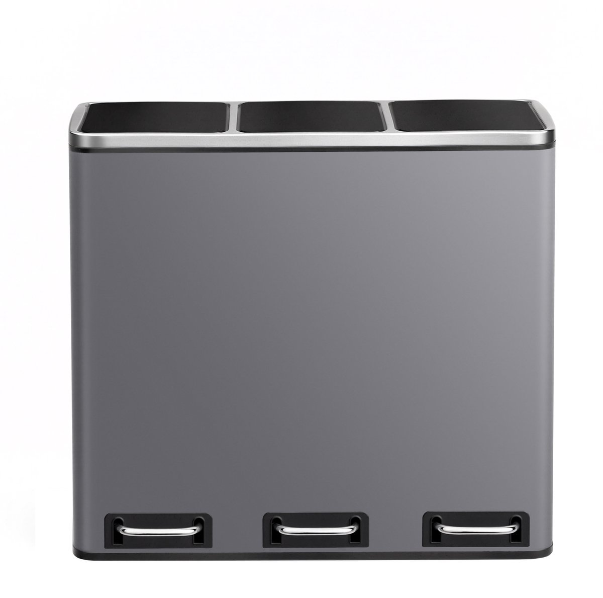 3-Vaks Prullenbak 61 x 31,5 x 55,5 cm Grijs, 3 x 18L Afvalscheidingsbak met Soft-Close Deksel en Pedaal, Uitneembare Binnenemmers met Handgrepen, Metalen Afvalbak voor Keuken, Slaapkamer en Woonkamer