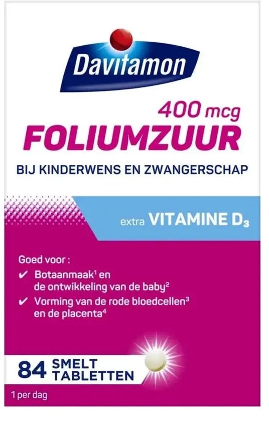 Davitamon Foliumzuur 400 mcg, extra Vitamine D3, 84 smelttabletten voor kinderwens en zwangerschap.