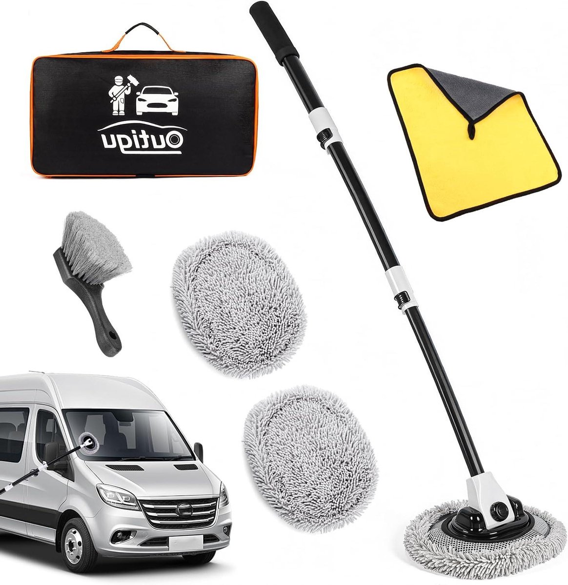 Autowasborstel Telescoopsteel - Reinigingsset Auto - Voertuig Schoonmaken - Afneembare Dweilhandschoen - Verstelbaar tot 110cm - Blauw