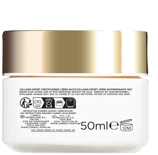 Witte crème pot met goudkleurige deksel. De achterkant toont instructies, L'Oréal logo en 50ml.