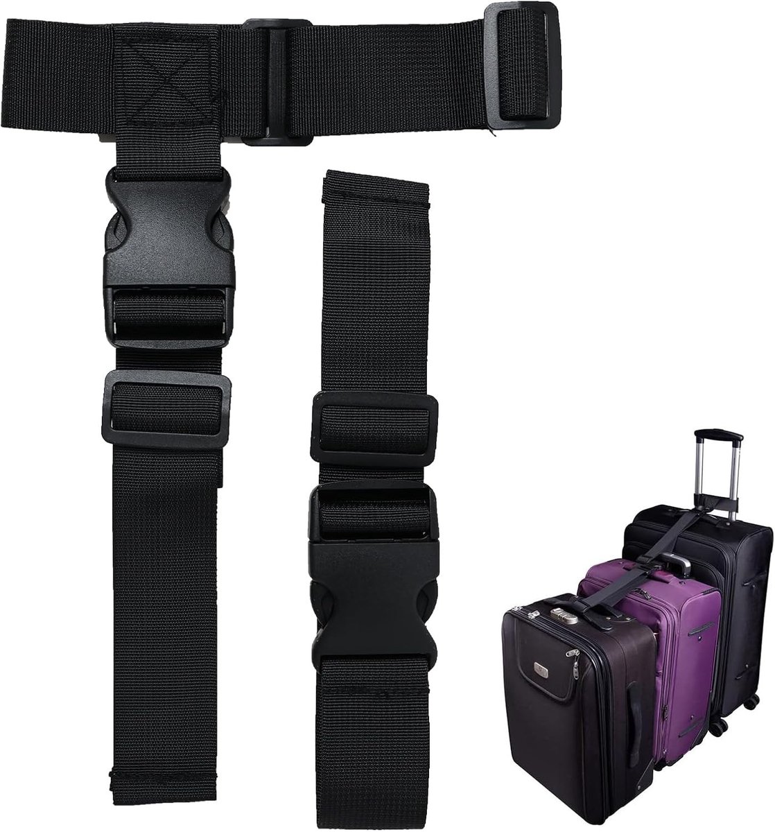 Verstelbare Luggage Strap Set voor Koffers, Stevige Verbinding voor Extra Bagage, Reisaccessoires voor Handbagage en Koffers - Zwart (Inclusief T-Type en Standaard Modellen)