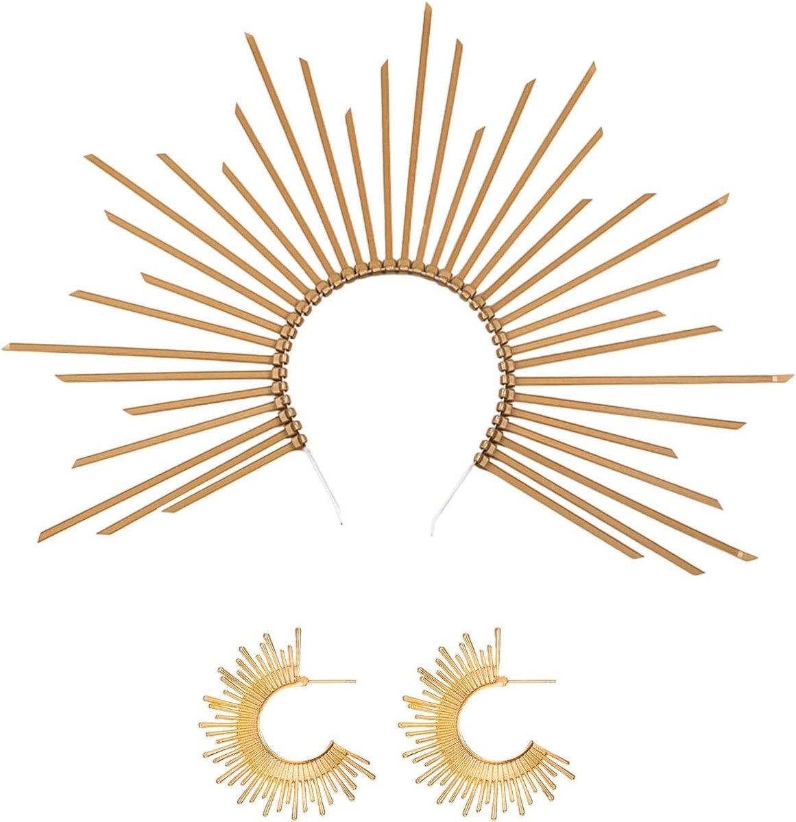 Drie Delige Mary Kroon Haarband en Oorbellen Set met Gouden Spike, Vintage Kostuumaccessoires voor Carnaval en Feestjes