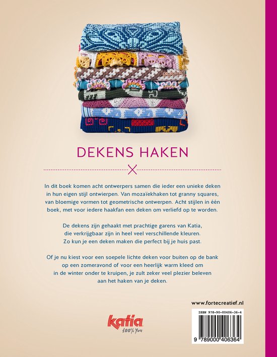Boek 'Dekens haken' met op de voorkant gestapelde gehaakte dekens in diverse kleuren en patronen.