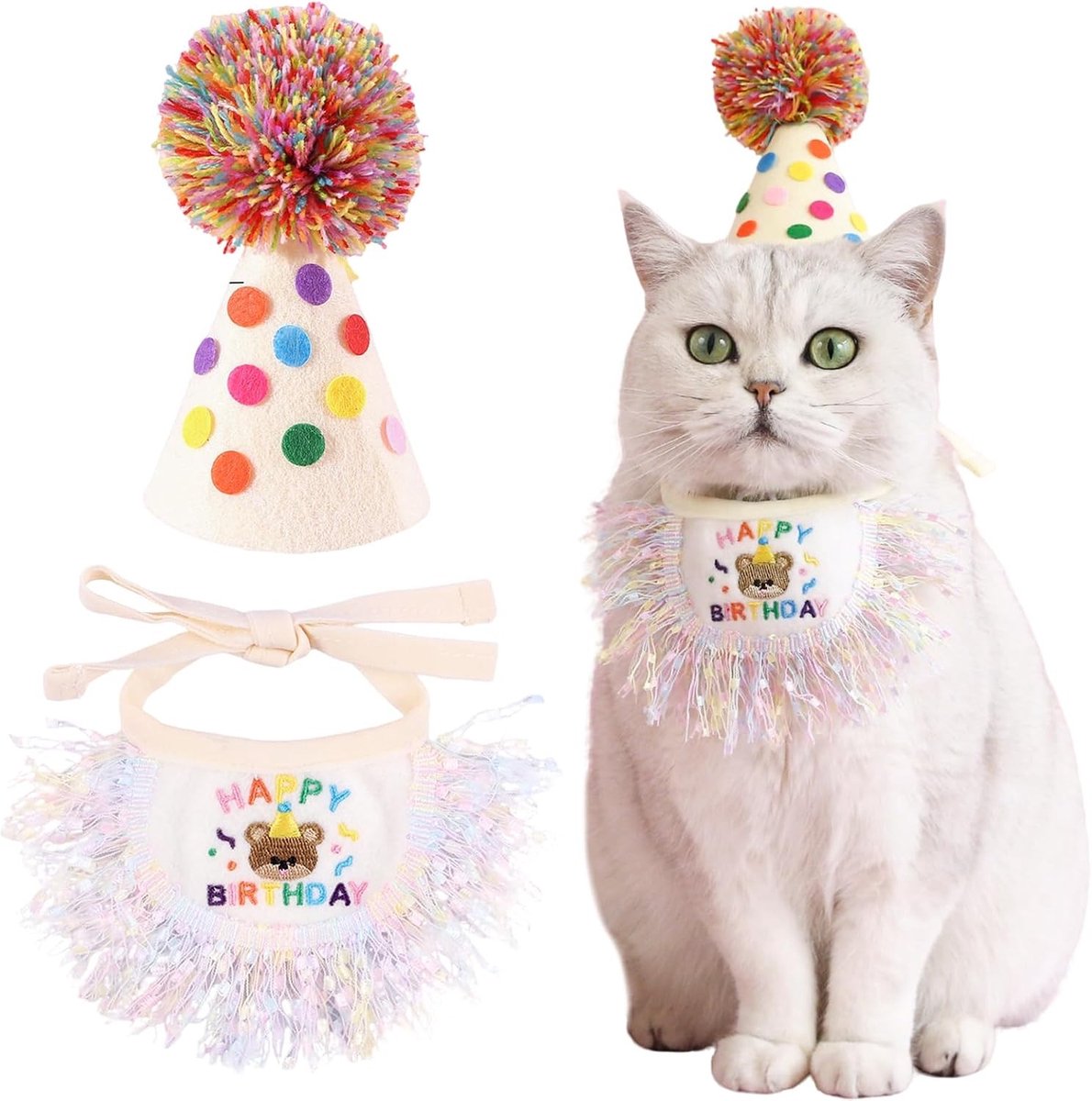 2-delige Set voor Huisdieren: Verjaardags Hoed en Sjaal voor Honden en Katten, Schattige Kostuums met Pompom en Kleurige Lintkraag voor Feestelijke Verjaardagen
