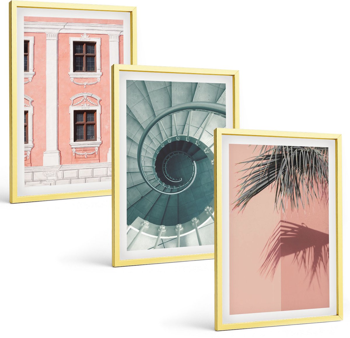 Coloray 3-Delige Schilderij Set - Pastelkleurige Architectuur En Spiraalpatronen - 40 x 40 cm En 40 x 60 cm - Moderne Wanddecoratie - Slaapkamer - Muurdecoratie