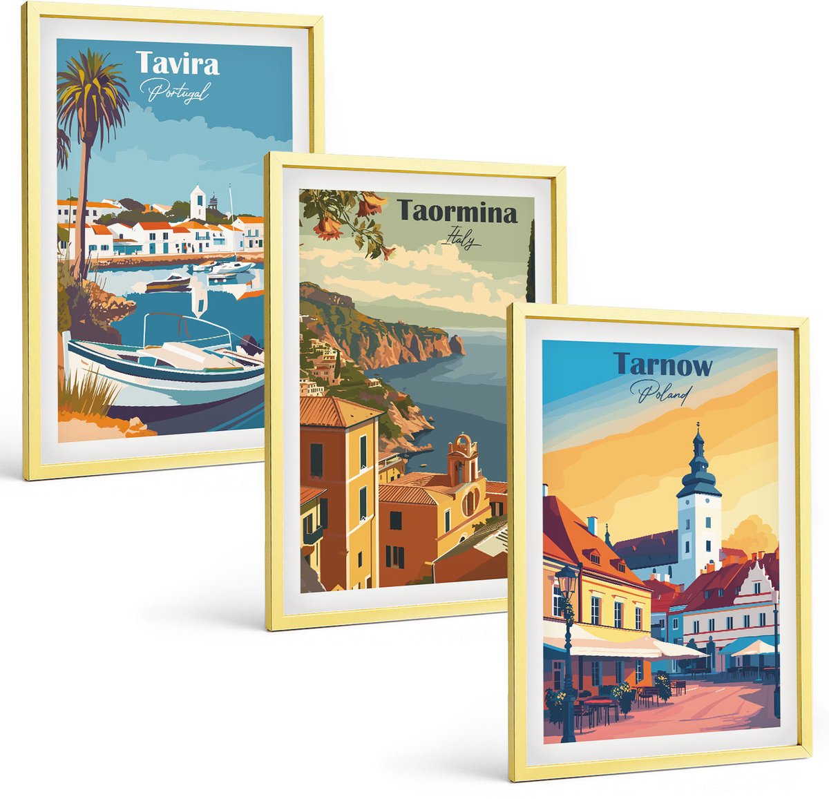 Coloray 3-Delige Schilderij Set - Retrobeelden Van Steden En Landschappen Van Over De Hele Wereld - 40 x 40 cm En 40 x 60 cm - Schilderijen Set - Wanddecoratie - Woonkamer - Interieur Decoratie