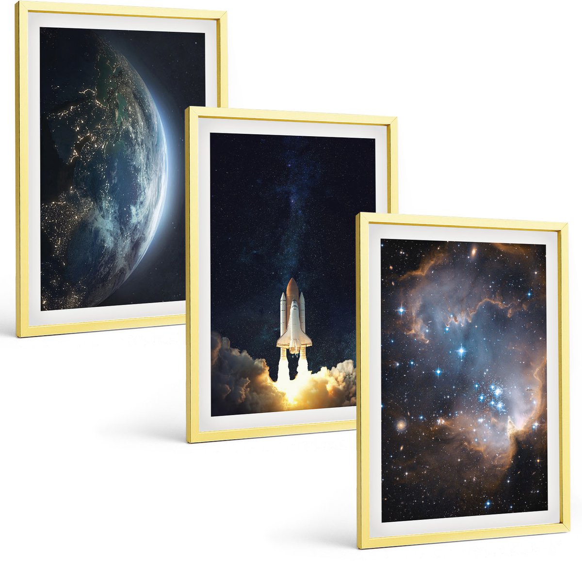 Coloray 3-Delige Schilderij Set - Abstracte Patronen In Pastelkleuren Met Accenten - 40 x 40 cm En 40 x 60 cm - Muurdecoratie - Decoratieve Schilderijen - Wohnzimmer - Stijlvolle Muurdecoratie Gouden lijst