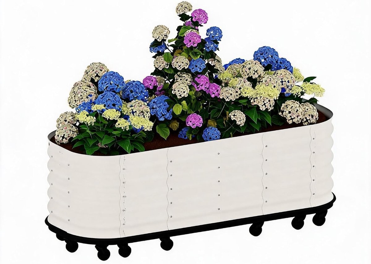 Verrijdbare Moestuinbak 195 cm - Zelfwatergevende Kweekbak op Poten met Wielen - Gegalvaniseerd Staal met Waterreservoir - wit- 195 x 60 x 50 cm