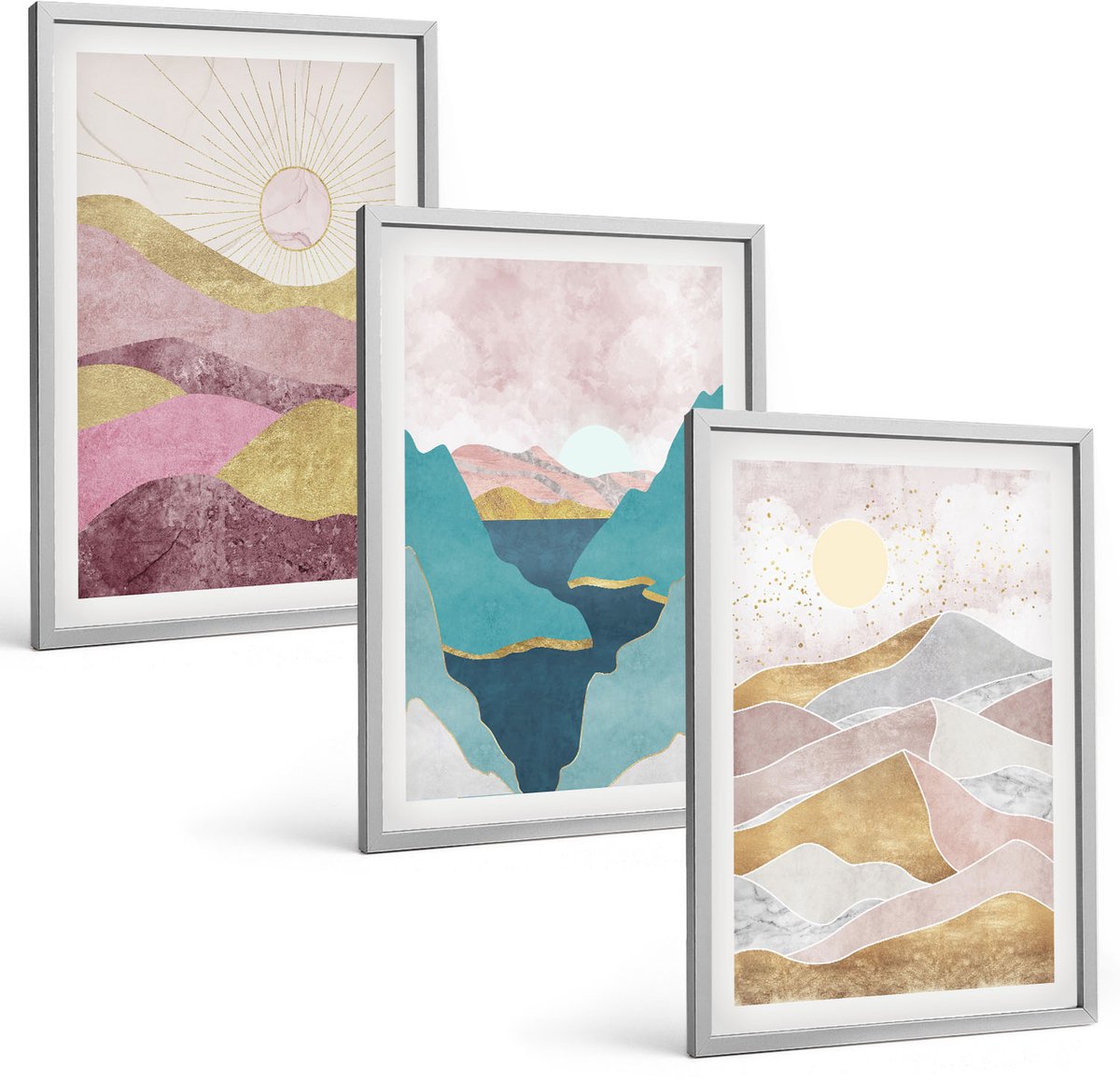 Coloray 3-Delige Schilderij Set - Abstracte Landschappen Met Bergen En Zon - 40 x 60 cm - Schilderijen Set - Wanddecoratie - Woonkamer - Decoratieve Schilderijen