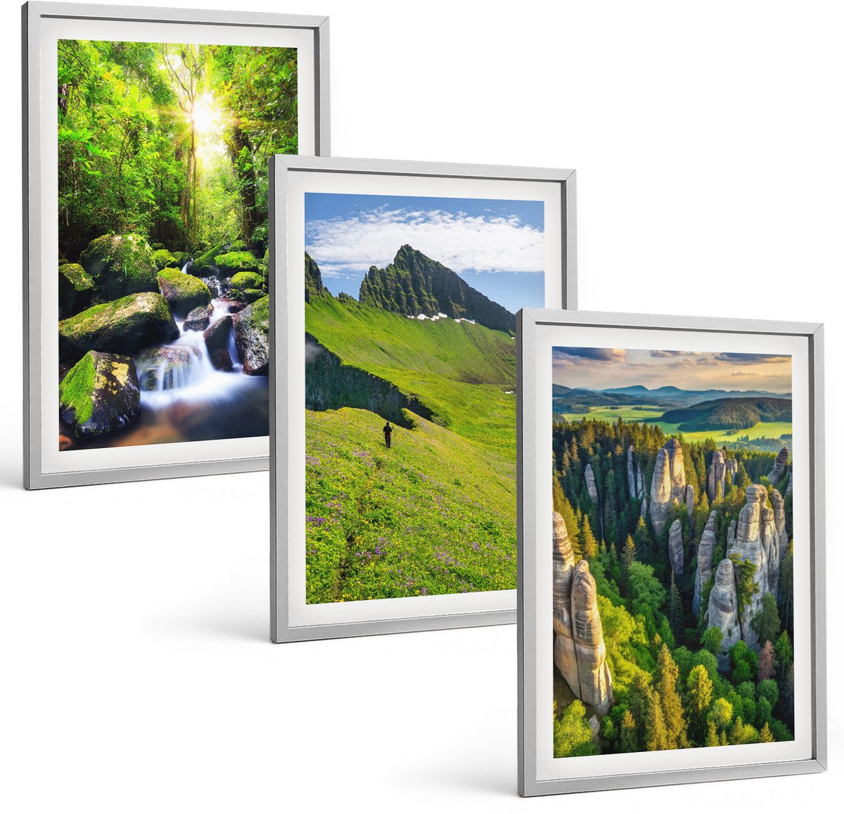 Coloray 3-Delige Schilderij Set - Groene Berglandschappen Met Waterval En Bos - 40 x 60 cm - Wanddecoratie - Moderne Interieurdecoratie