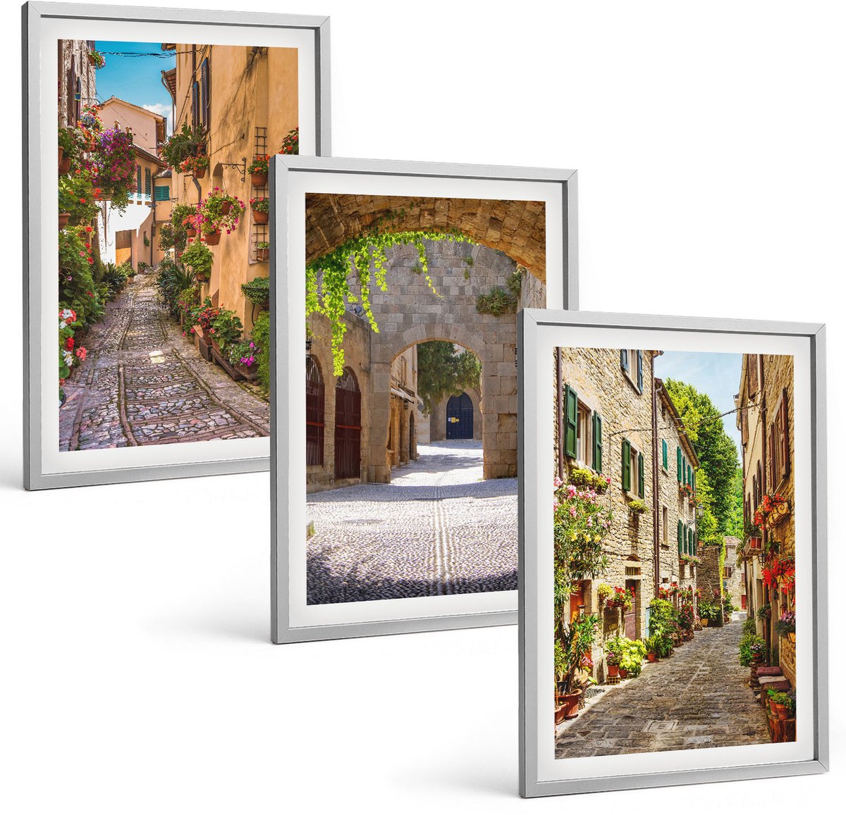 Coloray 3-Delige Schilderij Set - Italiaanse Straten Met Bloemen En Architectonische Landschappen - 40 x 60 cm - Wanddecoratie - Muurdecoratie - Moderne Interieurdecoratie - Moderne Wanddecoratie