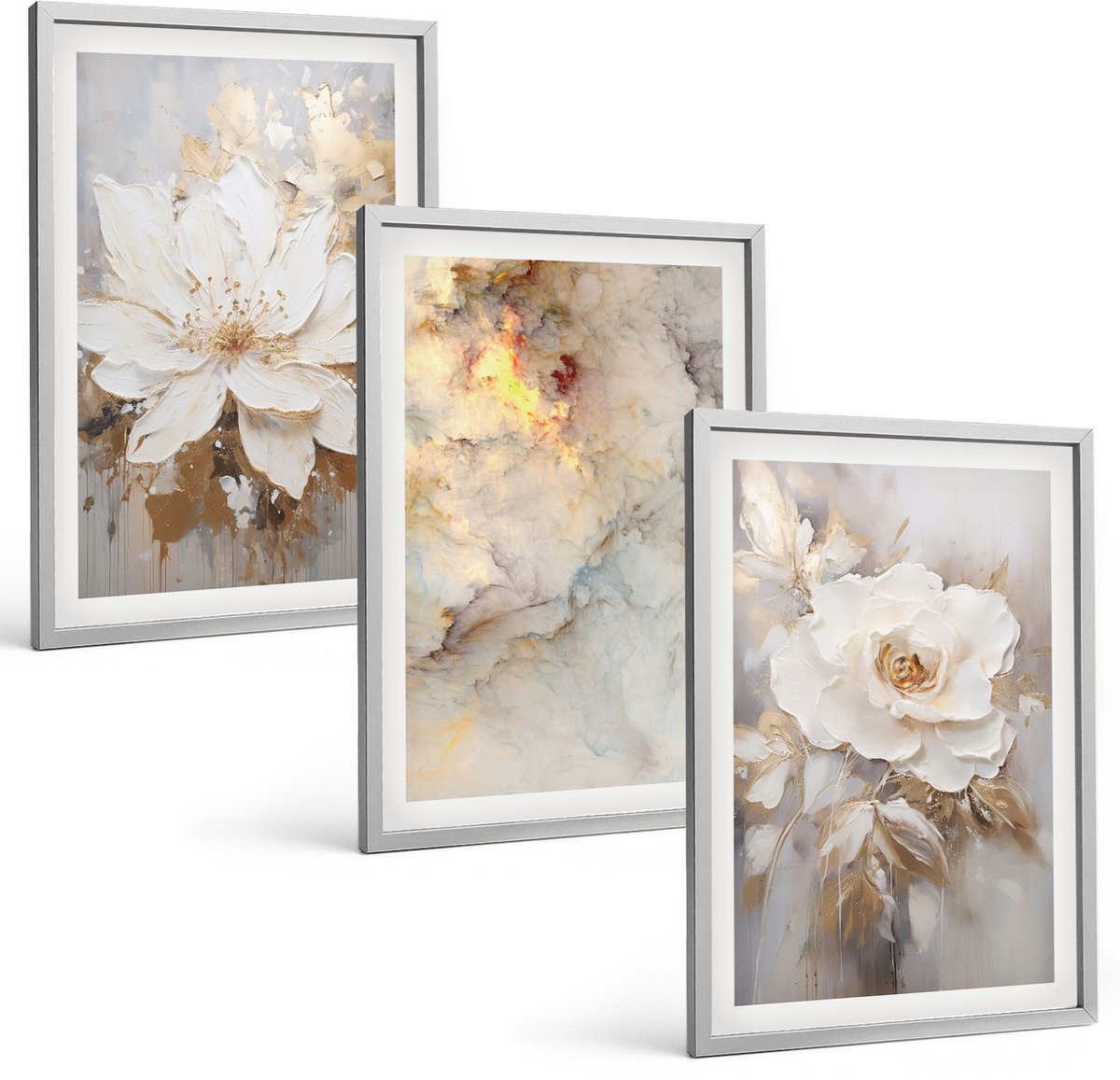 Coloray 3-Delige Schilderij Set - Bloemen Op Een Lichte Achtergrond Met Abstracte Patronen. - 40 x 60 cm - Muurdecoratie - Decoratieve Schilderijen - Wohnzimmer