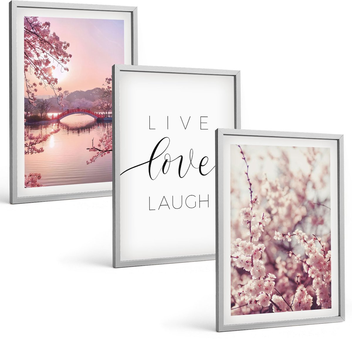 Coloray 3-Delige Schilderij Set - Bloemmotieven Met Een Brug En Een Inscriptie - 40 x 60 cm - Decoratieve Schilderijen - Wanddecoratie - Hal - Woonkamer Decoratie