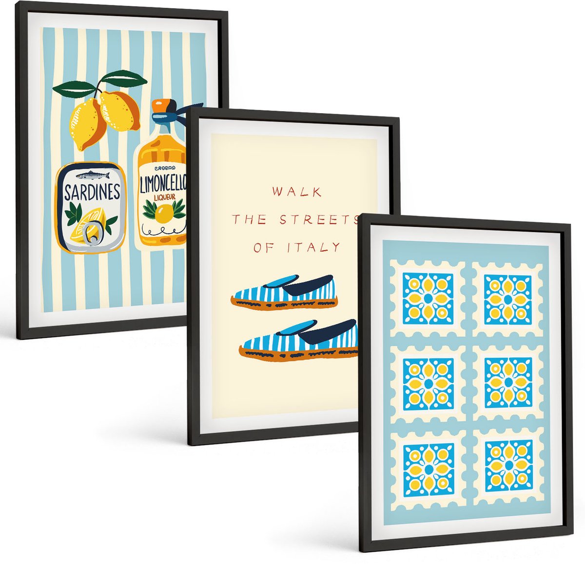 Coloray 3-Delige Schilderij Set - Fruitpatronen En Elementen Van De Italiaanse Cultuur - 40 x 60 cm - Wanddecoratie - Woonkamer Decoratie - Decoratieve Schilderijen