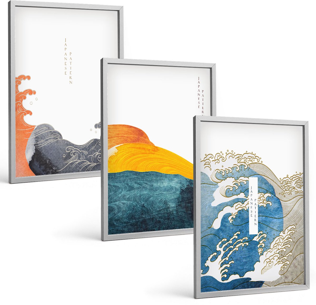 Coloray 3-Delige Schilderij Set - Golven In Japanse Grafische Stijl - 40 x 60 cm - Wanddecoratie - Muurdecoratie - Woonkamer - Stijlvolle Muurdecoratie
