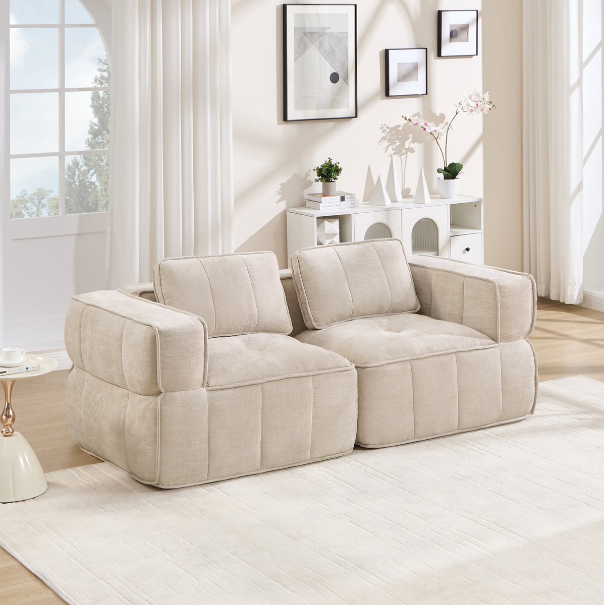 REDOM - Bank - 2-zits modulaire bank - Zonder montage - Diepe zit - Moderne stijl - Woonkamer en appartement - Polyester - Beige - 198 x 93 x 67 cm