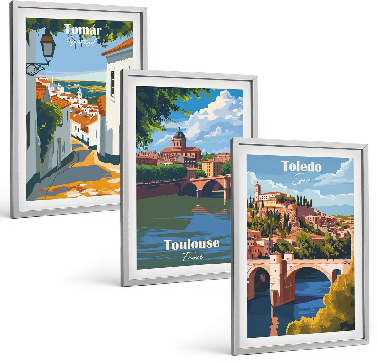 Coloray 3-Delige Schilderij Set - Grafische Afbeeldingen Van Beroemde Steden In Retrostijl - 40 x 60 cm - Wanddecoratie - Muurdecoratie - Woonkamer - Interieur Decoratie